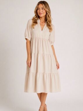 TCEC Tan Tiered Midi Dress Ruffle Collar Puff Sleeve Boutique Size S